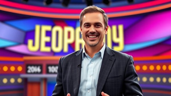Jeopardy Trivia Quiz Celebration with host on vibrant game show set.