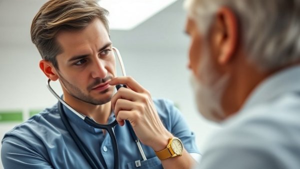 Doctor examines patient in clinical setting, highlighting care and attention.