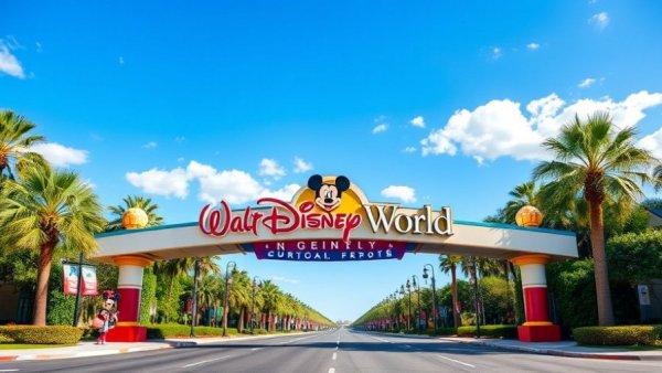Walt Disney World entrance sign with blue sky and palm trees.