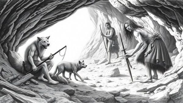 Engraving of Ice Age hunters with dogs in cave, showcasing dogs as loyal companions to Ice Age hunters.