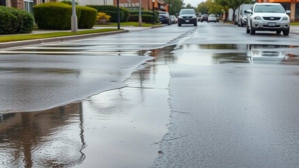 Water leak on suburban street in Jefferson Parish with parked vehicles.