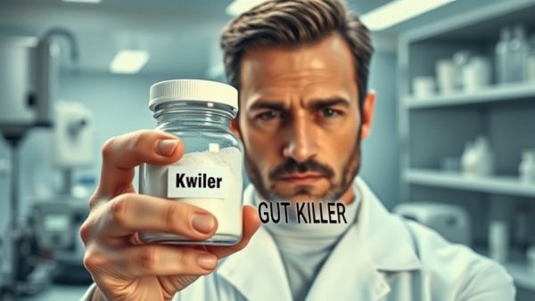 Man holds jar labeled 'Gut Killer' in lab, dangerous fiber in the world context.