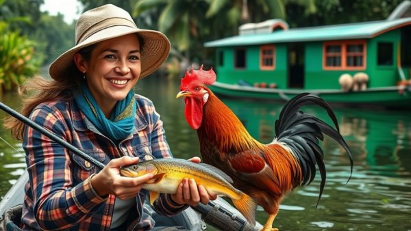 Houseboat Getaway in Louisiana: Woman fishing with rooster nearby.