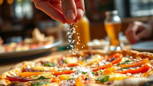 Adding salt to pizza, illustrating salt habit health risks for adults over 60.