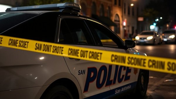 San Antonio police car with crime scene tape at night.