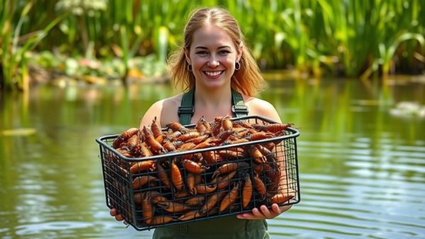 Woman catching crawfish in Louisiana wetland.