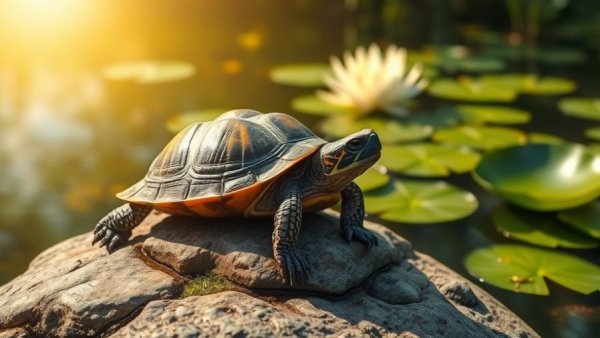 Turtle basking on a rock by a pond with lily pads.