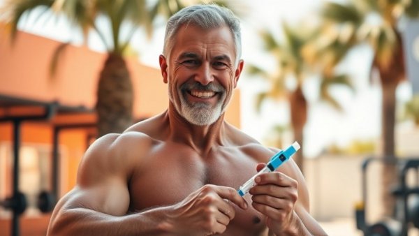 Muscular older man with injection pen highlighting peptide treatments access.