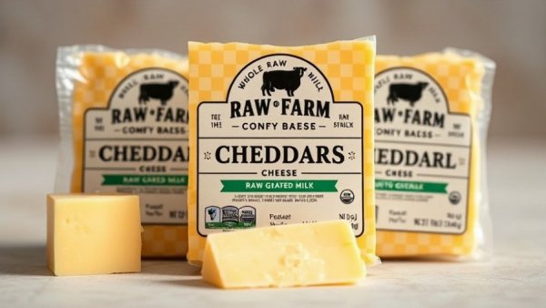 Packaging of raw cheddar cheese emphasizing whole raw milk and certifications.