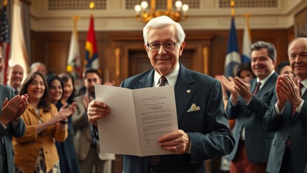 Man holds document with others applauding, formal setting.