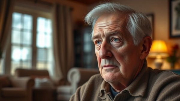 Elderly man reflecting on loneliness in a warm living room.