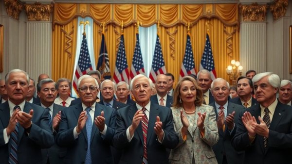 Officials applaud as man displays signed document in ornate room.