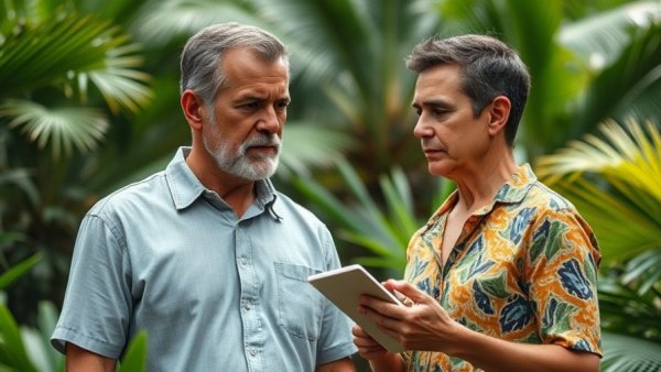 Middle-aged couple discussing investments before retirement in a tropical garden.