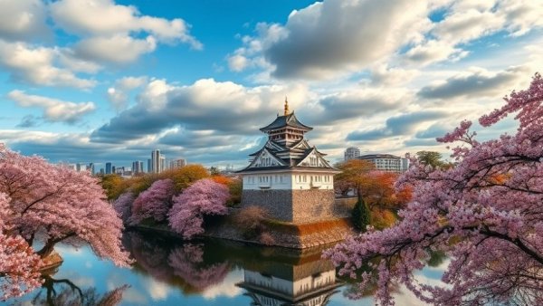 Hamamatsu Castle surrounded by cherry blossoms and city skyline.