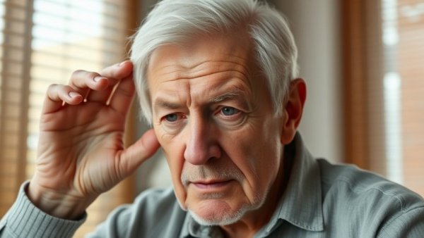 Elderly man trying to hear better, linking common ear conditions and dementia risk.