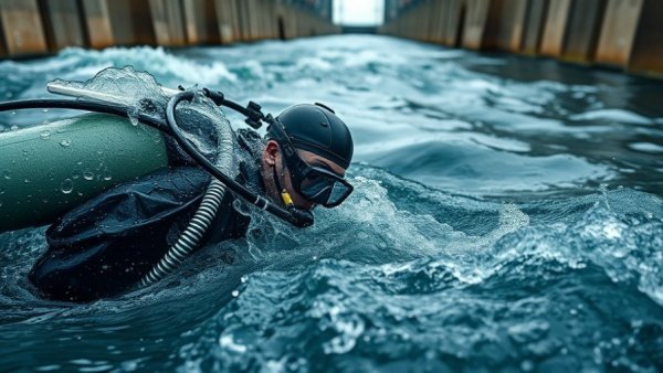 Diver inspecting a sewer main break in the Industrial Canal