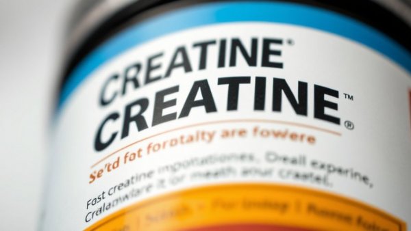 Close-up of creatine powder label highlighting strength and support.