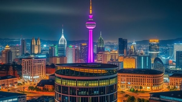 Vibrant Johannesburg cityscape with illuminated landmarks.
