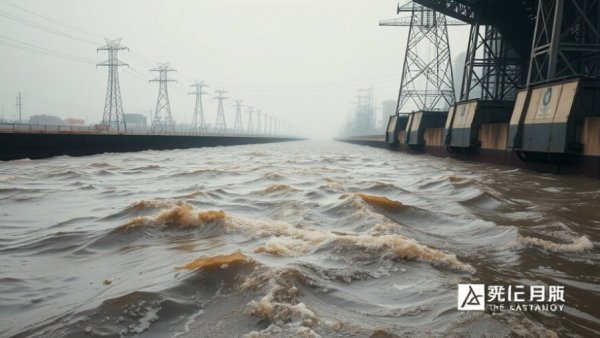 Industrial Canal showing sewage leakage with power lines and buildings in the background.