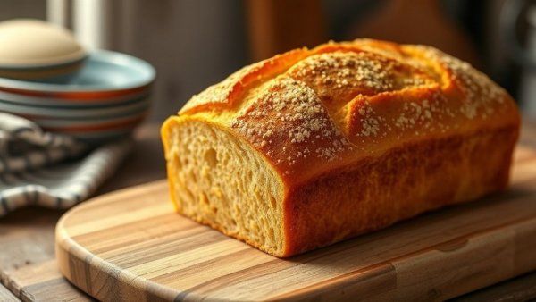 Healthiest bread in the world, golden loaf on wooden board, kitchen setting.