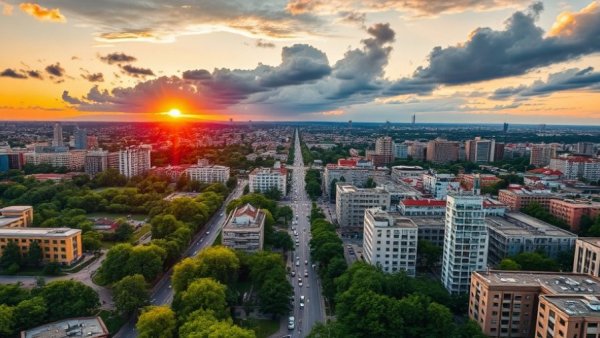 Aerial view of Varna city at sunset with urban landscape.