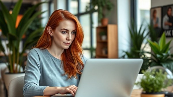 Red-haired woman working on a laptop in a modern office.