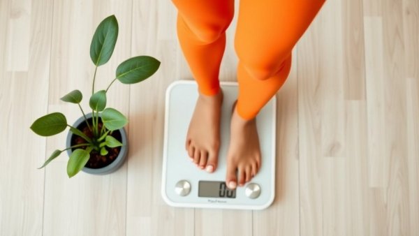 Fit woman in orange leggings on scale, related to FGF21 hormone weight loss.