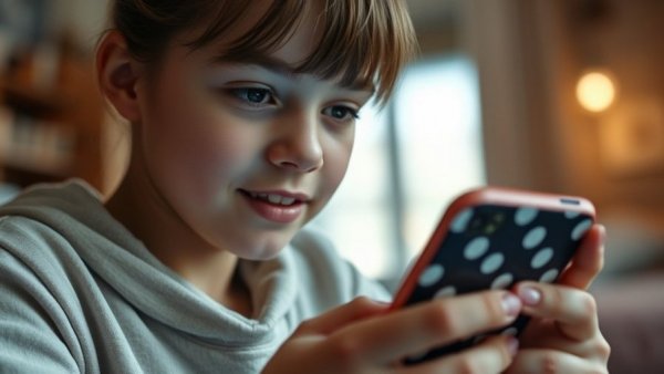 Teen using smartphone, social media engagement.