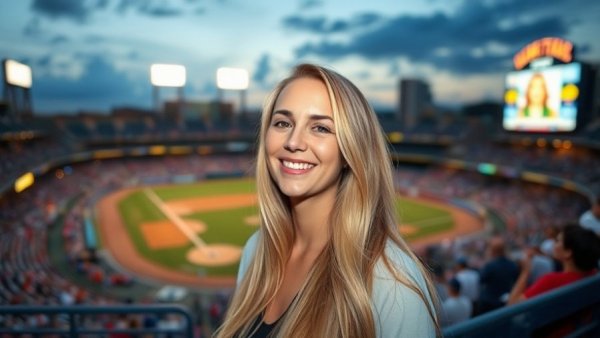 Smiling woman at baseball stadium enjoying game
