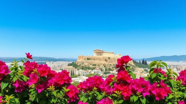 Scenic view of Athens with vibrant flowers and Acropolis, highlighting new tourist limits.