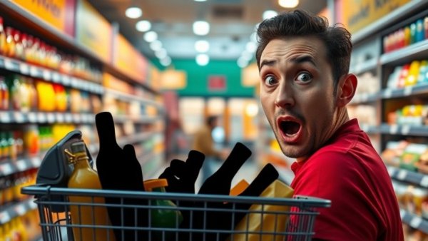 Surprised person highlighting potential unhealthy foods in a basket.