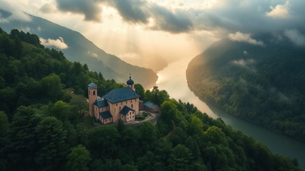 Aerial view of a historic monastery in lush Kaunas landscape