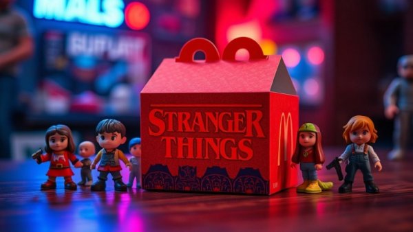 Stranger Things Happy Meal with character figurines and themed design.