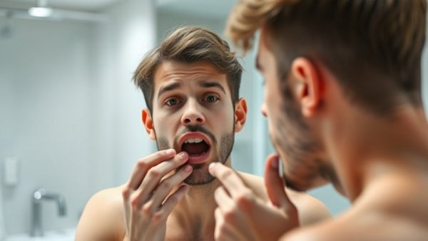 Young man checking mouth health in bathroom mirror