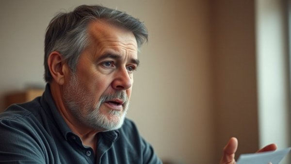 Middle-aged man focused, discussing most dangerous fat, indoor setting.