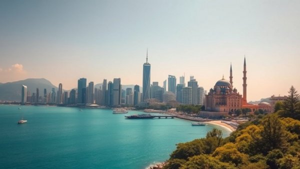 Jeddah skyline with mosque and sea, top attractions in Jeddah.