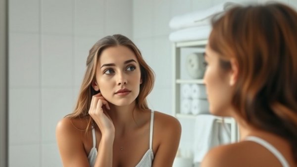 Young woman reflecting on health in bathroom, fiber intake for hemorrhoids.