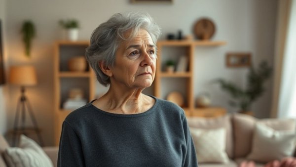 Contemplative older woman questioning happiness indoors.