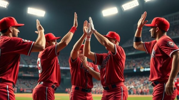 Louisiana baseball team celebrates with high fives in a stadium.