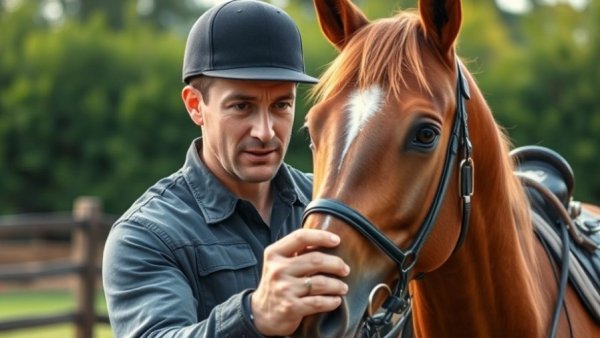 First woman trainer adjusting horse equipment outdoors.