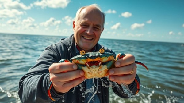 Man catching blue crabs in Louisiana by the water.