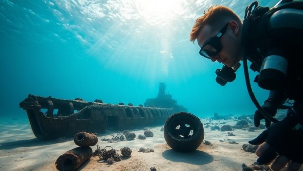 Scuba diver examining historic shipwreck identification underwater