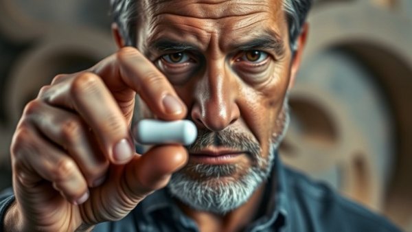 Serious man with magnesium pill warning for health.