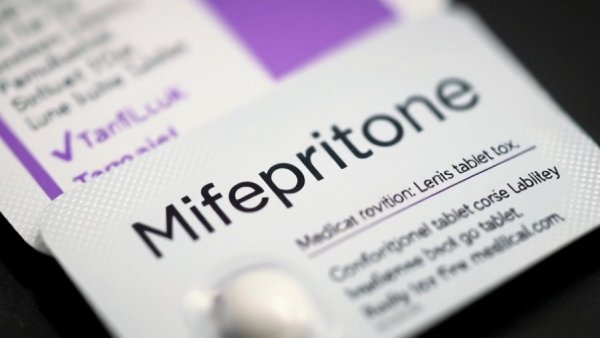 Close-up of mifepristone tablet package for Louisiana telemedicine abortion pill.