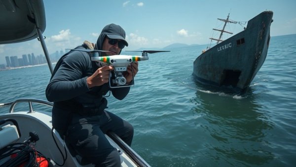 Shipwreck city exploration with drone and sunken ship.
