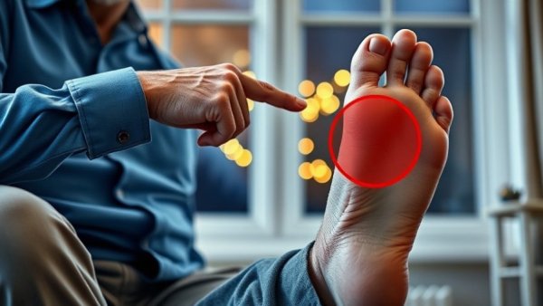 Foot swelling in seniors highlighted close-up at night.