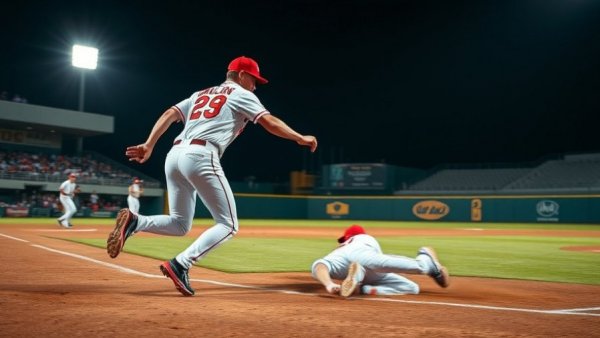 Ragin' Cajuns baseball intense play at first base, night game action.