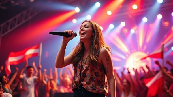 Energetic singer performing on stage with flags and vibrant lighting.