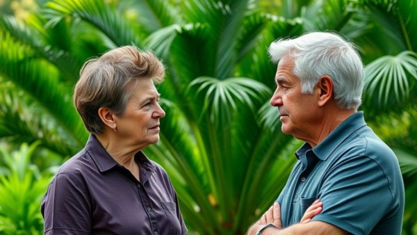 Mature couple discussing plans outdoors in a garden setting.