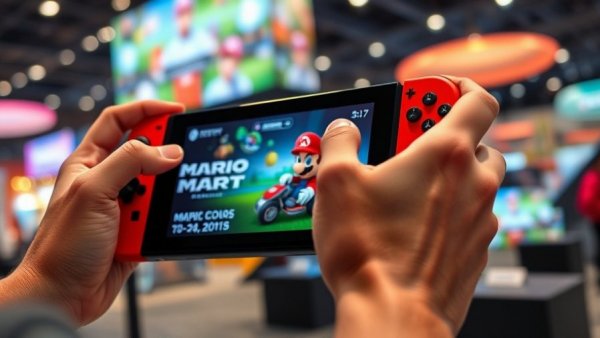 Gaming expo attendee holds Nintendo Switch playing Mario Kart.